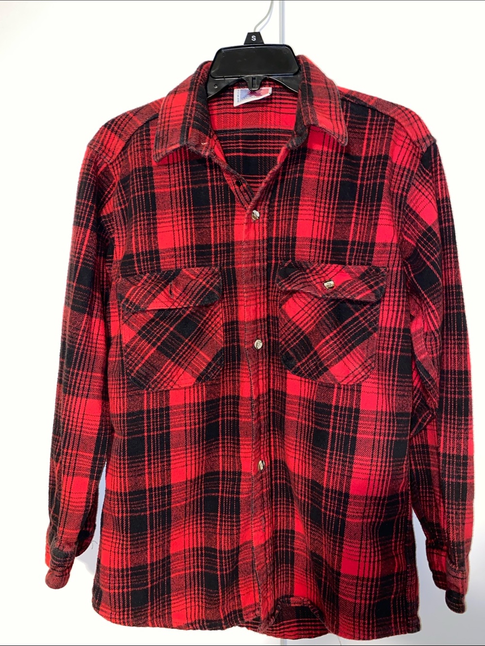 Made in the USA. American Spirit Red & Black Plaid Button-Up Shirt